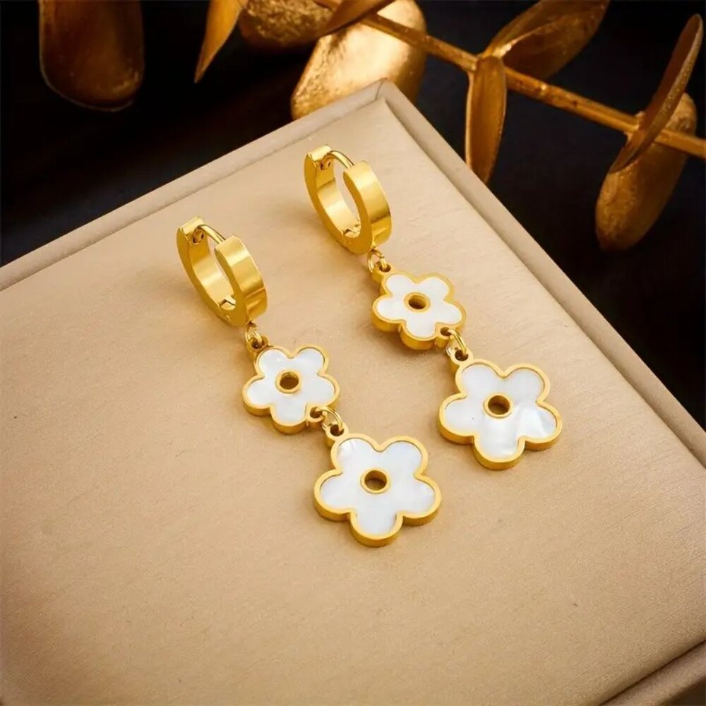 Gold Stainless Steel White Floral Dangle Earrings - Picture 2 of 3